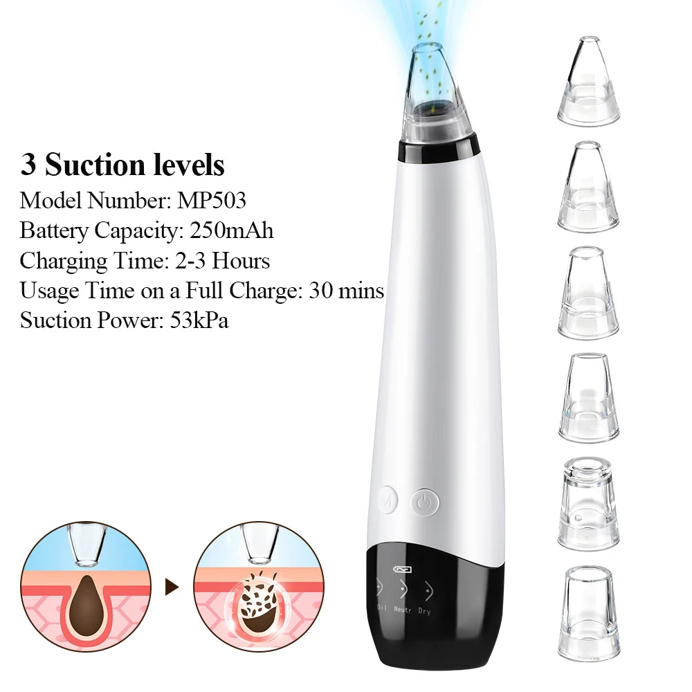 Blackhead Remover Facial Pore Cleaner 3 Suction Power Electric Pimple Acne Extractor Tool Face & Nose Whiteheads Vacuum Removal