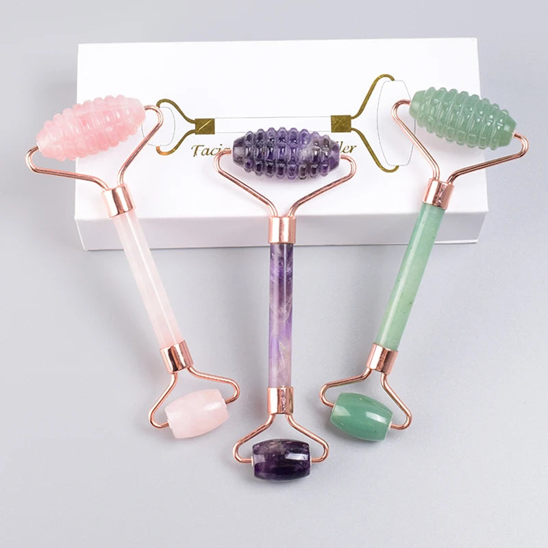 Rose Gold Sawtooth Face Roller Gua Sha Tool Massage Set Natural Jade Acupuncture Scraping Body Healing White Stone Massager Care