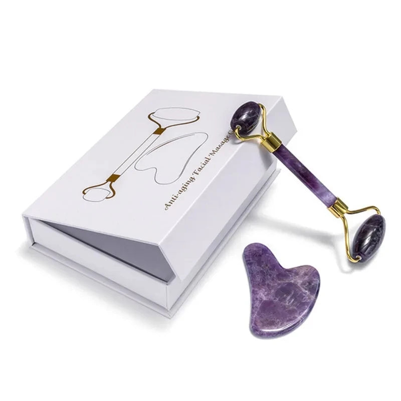 Rose Quartz Natural Jade Roller Massager Guasha Set Obsidian Amethyst Gouache Scraper Facial Lifting Massage Tools With Gift Box