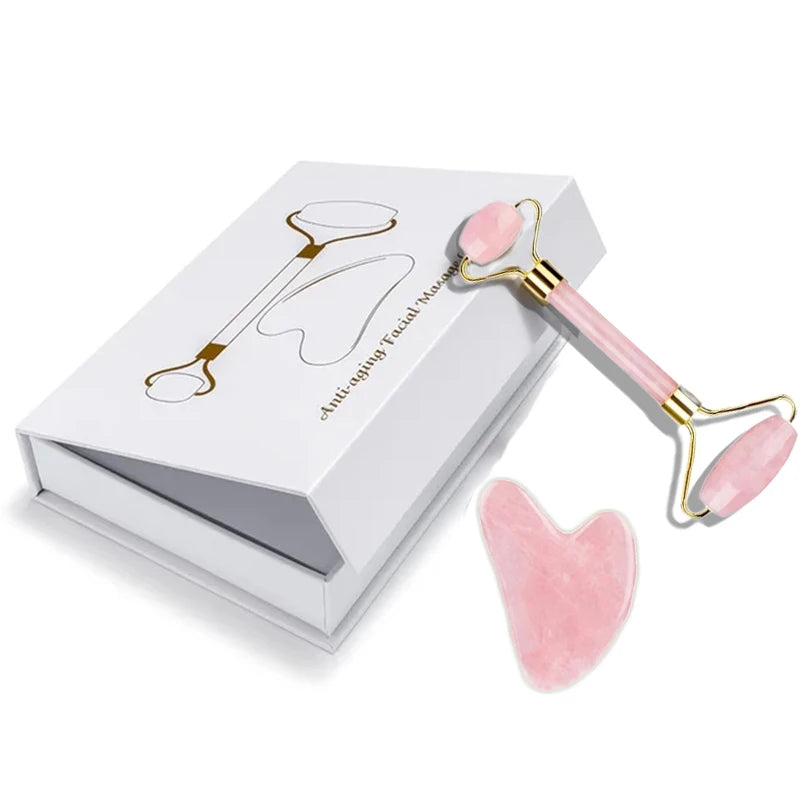 Rose Quartz Natural Jade Roller Massager Guasha Set Obsidian Amethyst Gouache Scraper Facial Lifting Massage Tools With Gift Box