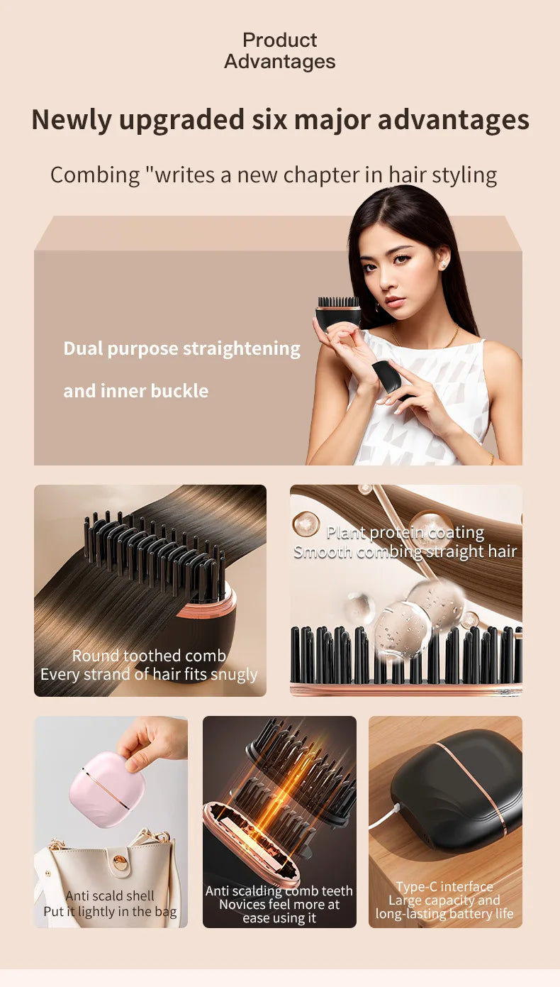 2026 New Mini Straightener Rechargeable Portable Hair Straightener Brush Anti-Scald Shell Cordless USB Charging Straighteners