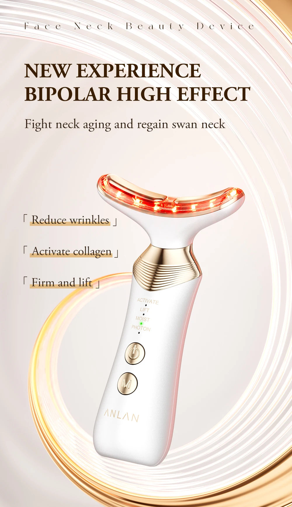 ANLAN Dual Polar Neck Beauty Device with 24K Gold Anti-aging Remove Double Chin Facial Lifting 5 Color LED Warm Facial Massager