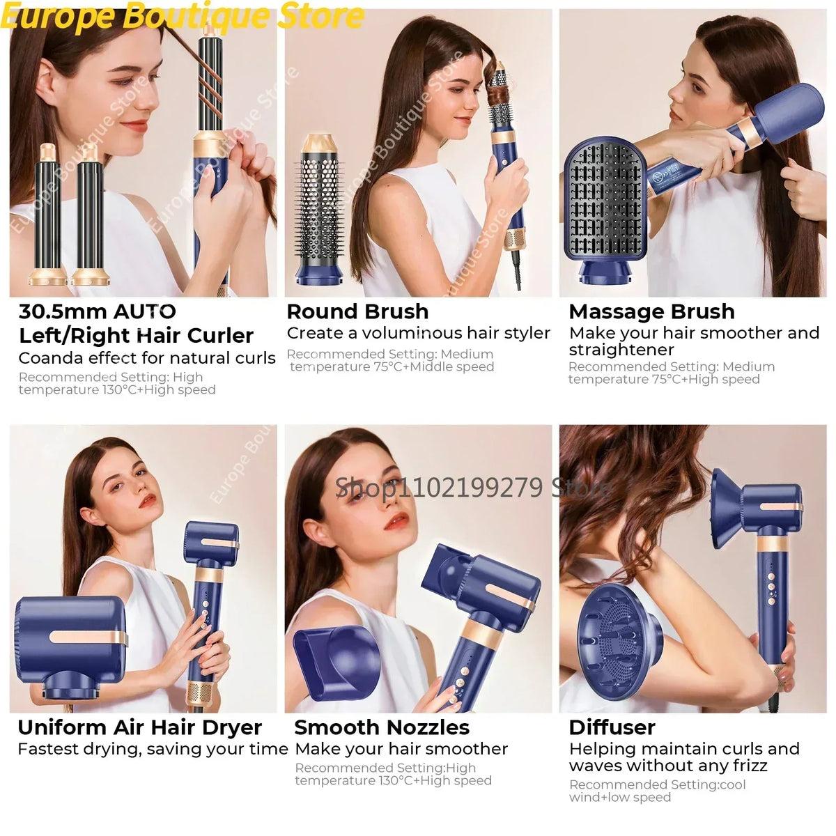 7 In 1 Hair Dryer Brush Brushless High Speed Hair Dryer with Diffuser Ionic Blow Dryer Hot Air Styling Comb Auto Hair Curler