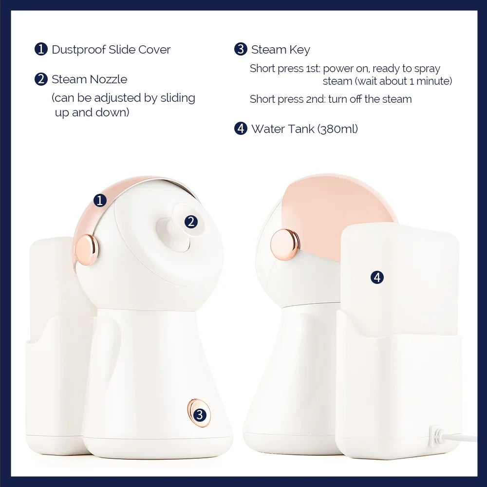 380ml Face Steamer Nano Spray Ionic Nebulizer Facial Vaporizer Hot Mist Hot Compress Skin Moisturizer Sprayer For Face Sauna SPA