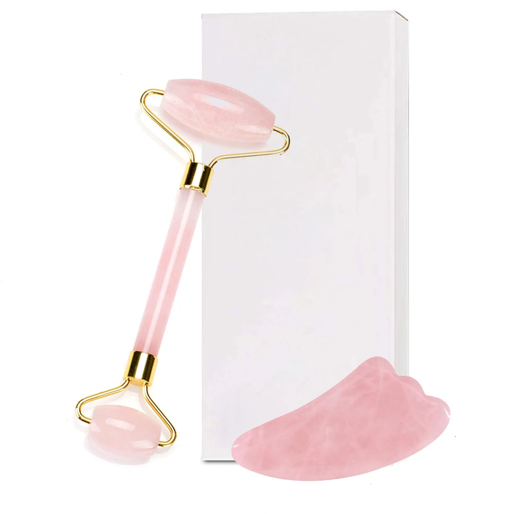 Natural quartz jade roller facial massager with guasha board Green Pink black kits for face neck roller massage