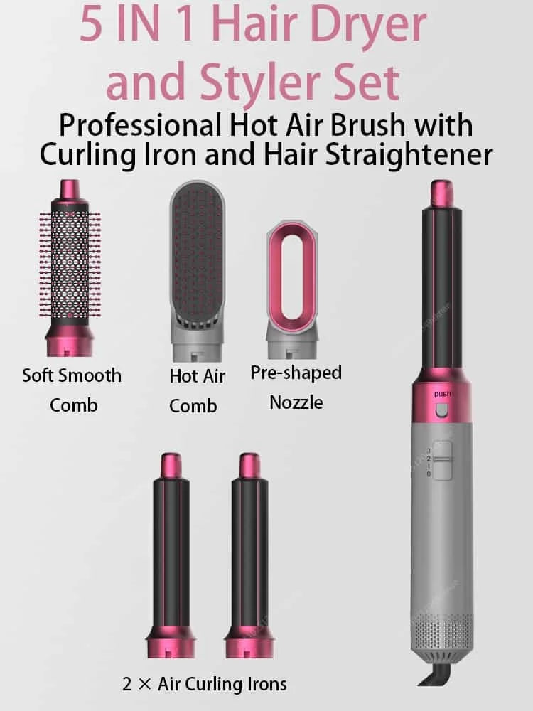5 In 1 Hair Dryer And Styler Kit With Professional Hot Air Brush Curling Iron Hair Straightener For Curling And Straightening
