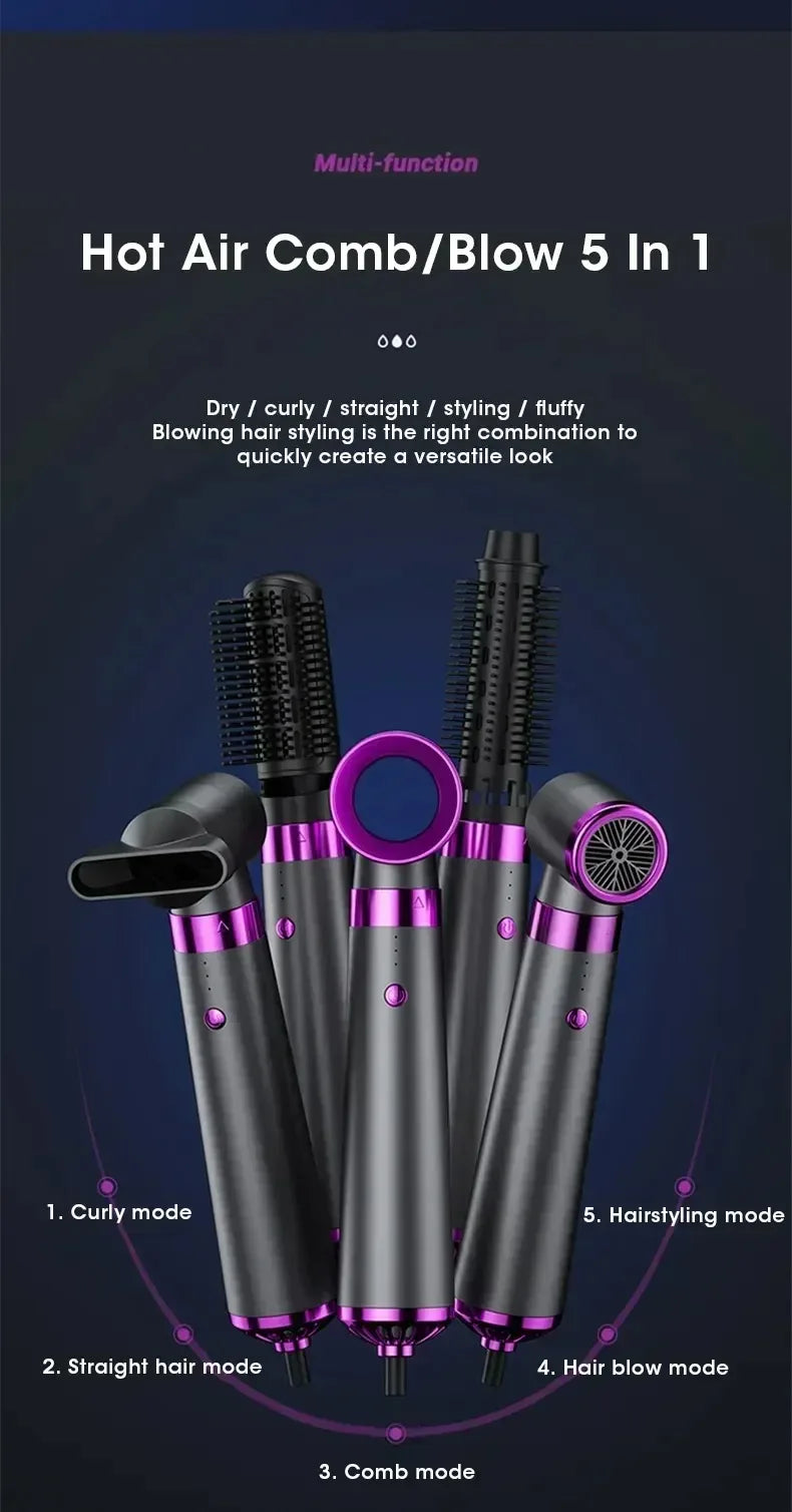 5-in-1 Hair Dryer with Straightener and Curler for Home Travel Salon Use, 110V/220V Negative Ion Fast Drying Styler Strong Wind