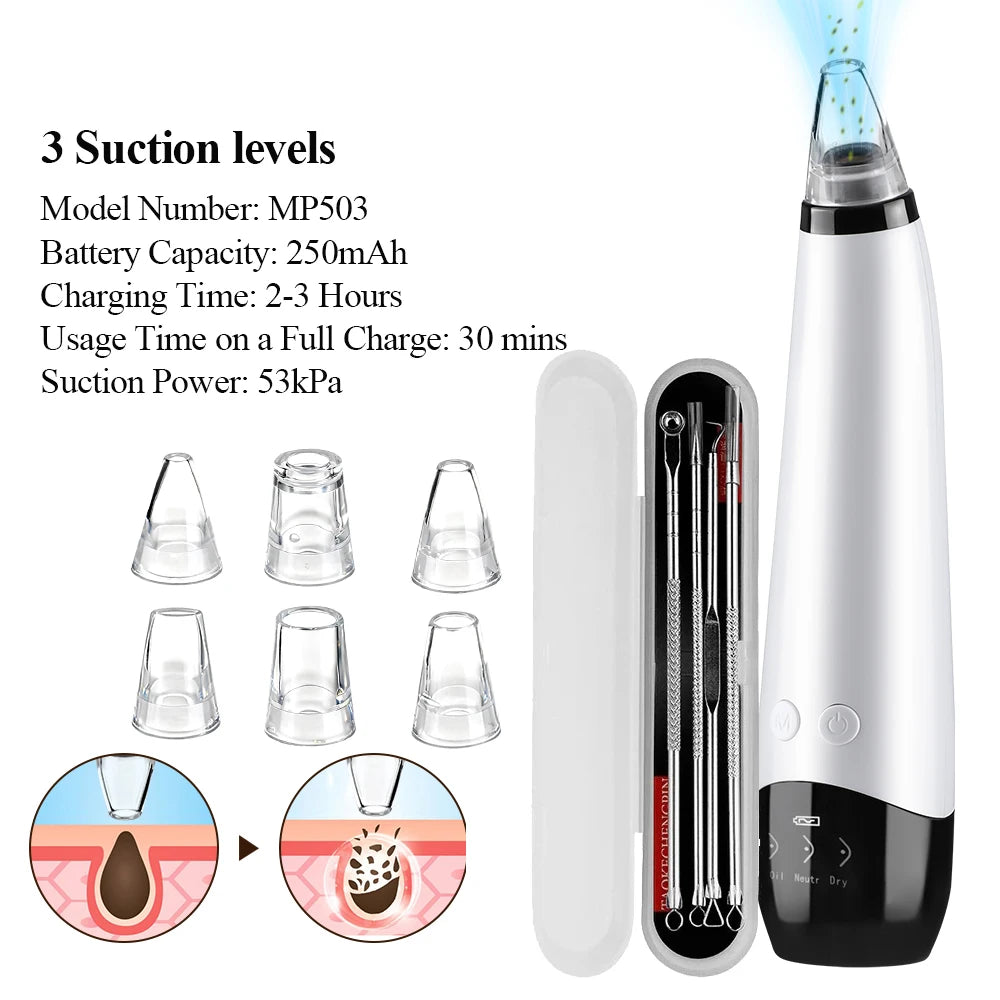 Blackhead Remover Facial Pore Cleaner 3 Suction Power Electric Pimple Acne Extractor Tool Face & Nose Whiteheads Vacuum Removal
