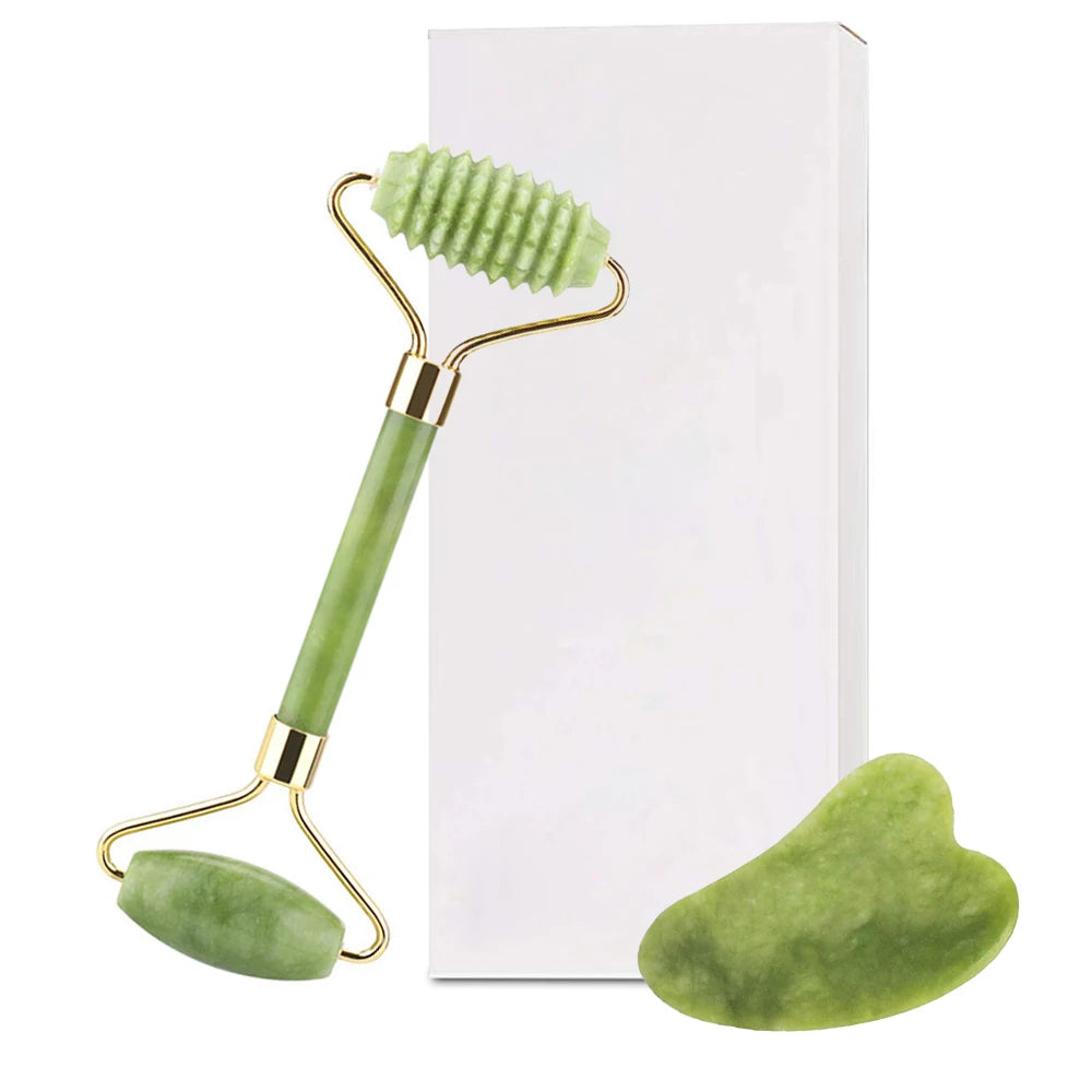 Natural quartz jade roller facial massager with guasha board Green Pink black kits for face neck roller massage
