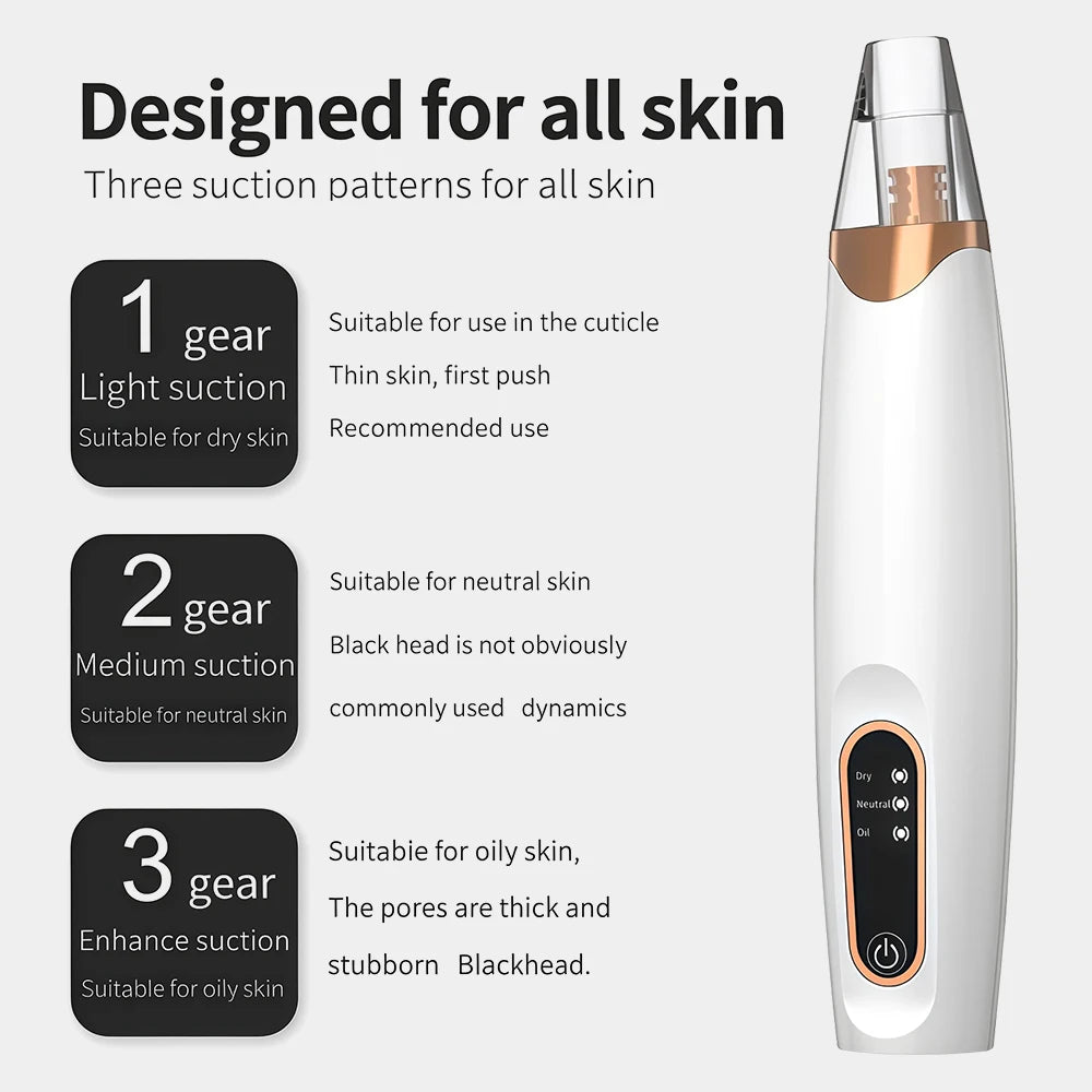 Blackhead Remover Facial Pore Cleaner 3 Suction Power Electric Pimple Acne Extractor Tool Face & Nose Whiteheads Vacuum Removal