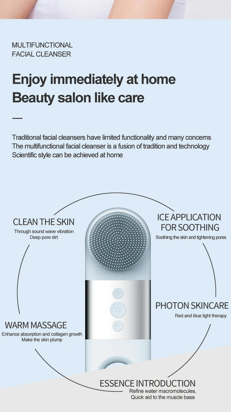Hot Cold Facial Cleansing Brush Waterproof Face Scrubber Device Rechargeable Face Brush Electric Silicone Face Exfoliating Tool