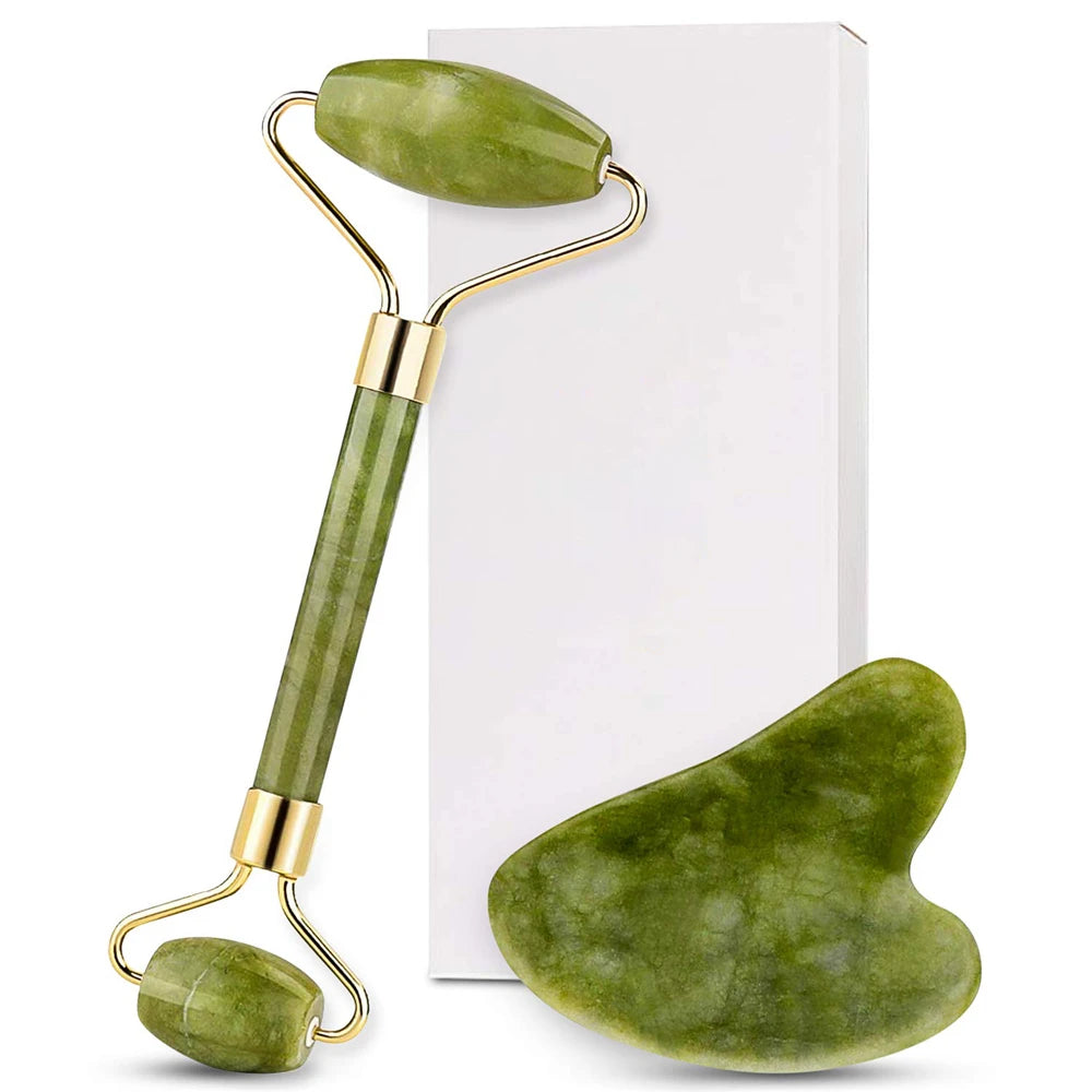 Natural quartz jade roller facial massager with guasha board Green Pink black kits for face neck roller massage