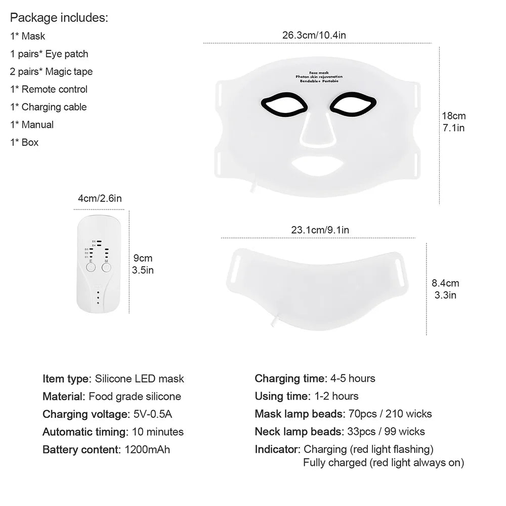Silicone LED Mask Face With Neck 7 Colors LED Light Photon Therapy Anti Aging Rejuvenation Brighten Repair Skin Wireless Use