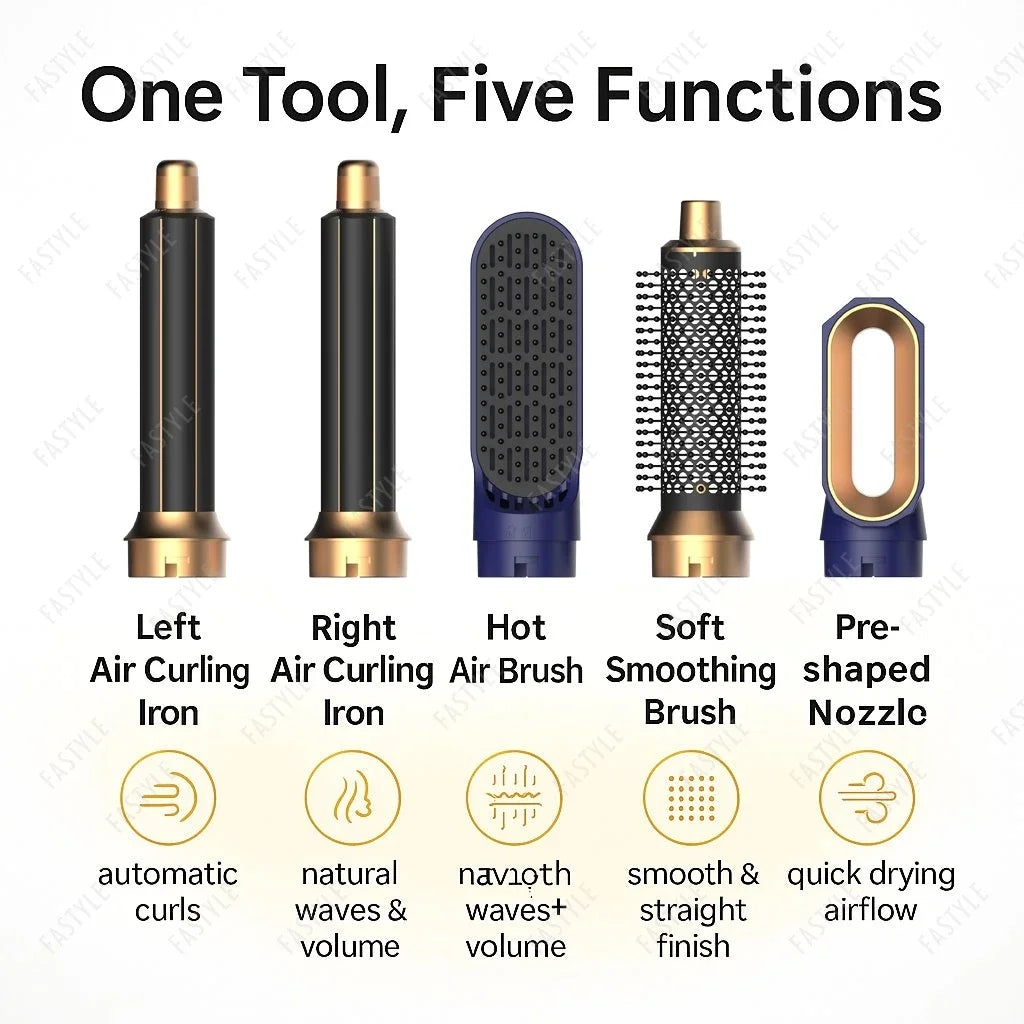5 In 1 Hair Dryer And Styler Kit With Professional Hot Air Brush Curling Iron Hair Straightener For Curling And Straightening