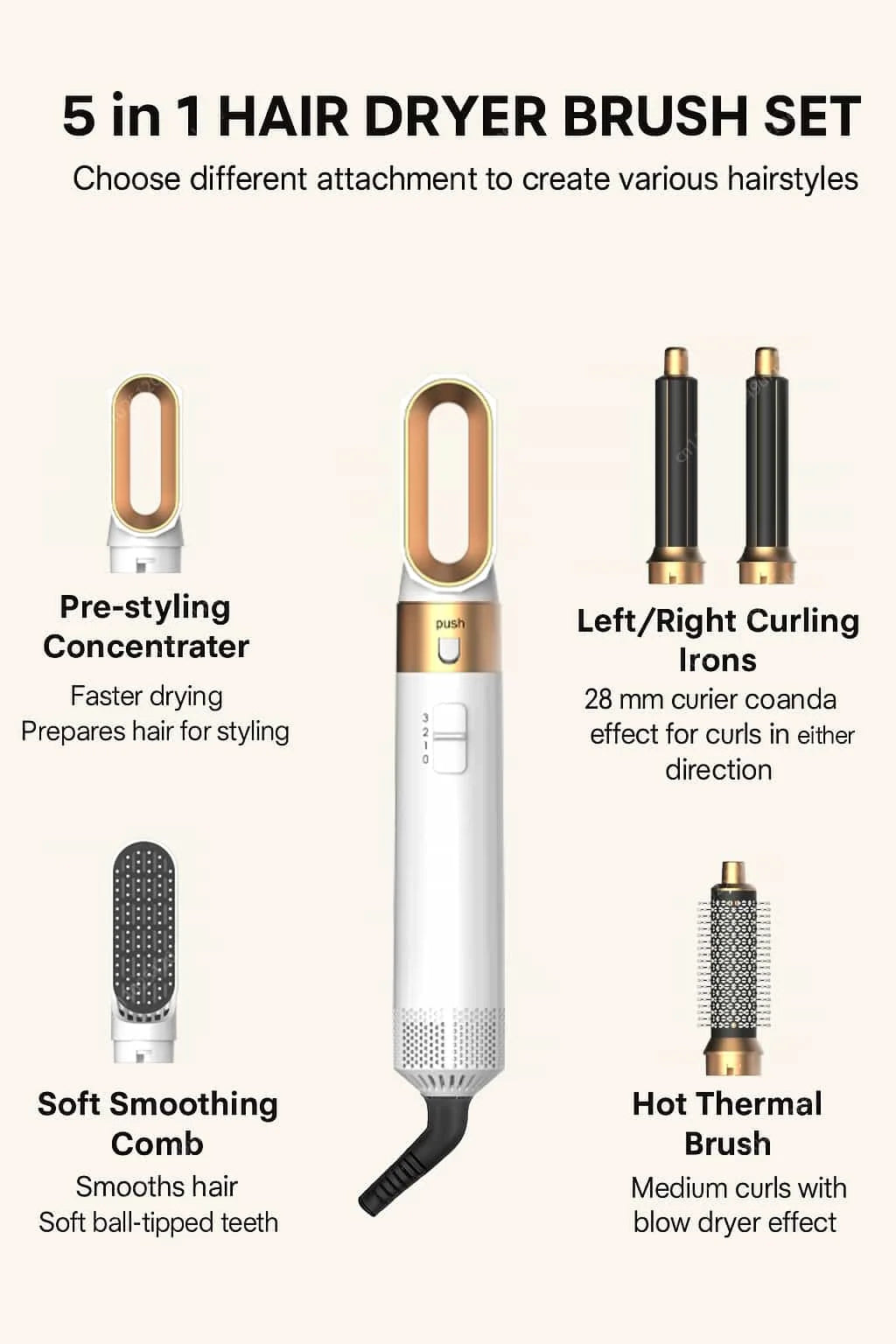 5 In 1 Hair Dryer And Styler Kit With Professional Hot Air Brush Curling Iron Hair Straightener For Curling And Straightening