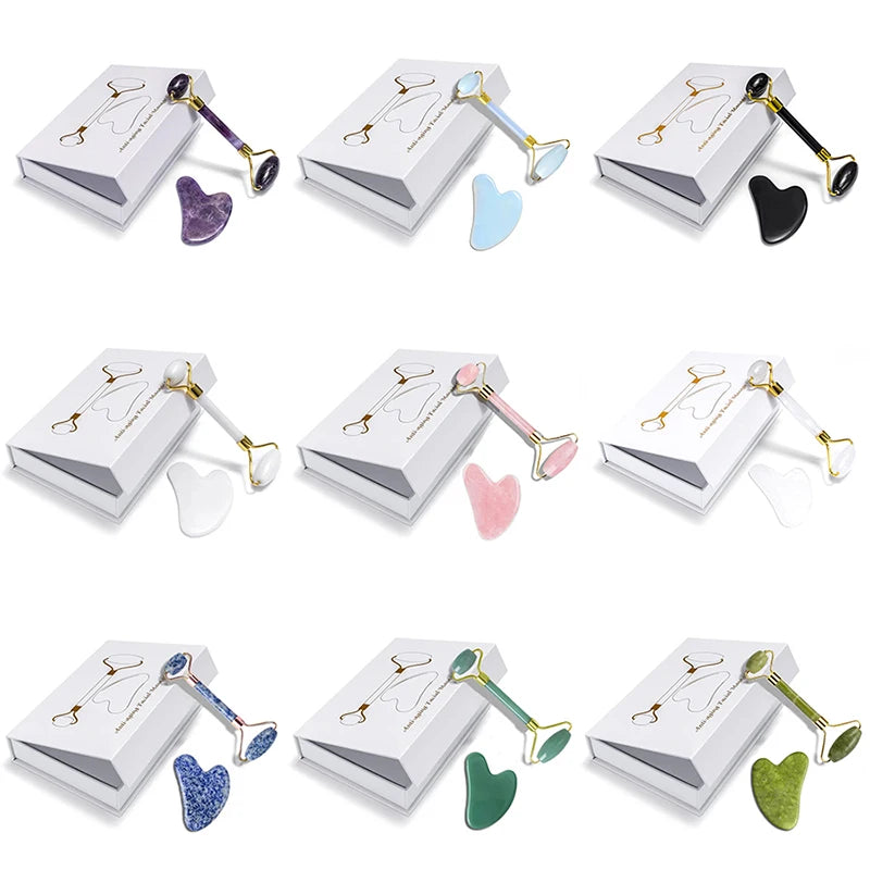 Rose Quartz Natural Jade Roller Massager Guasha Set Obsidian Amethyst Gouache Scraper Facial Lifting Massage Tools With Gift Box