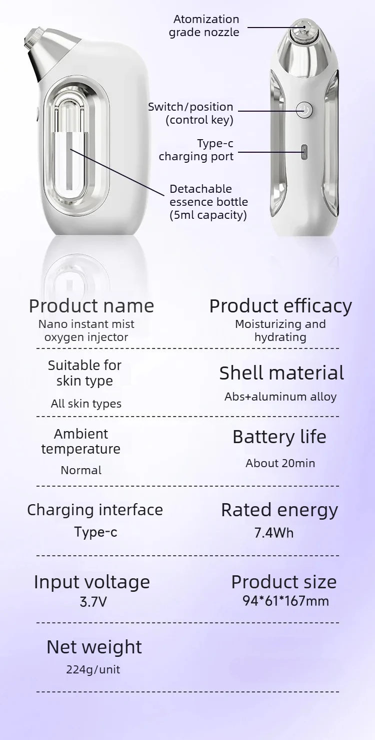 Handheld High Pressure Hydrating Facial Steamer Nano Ionic Mist Sprayer 5ml Detachable Essence Bottle Long-lasting Moisture Lock
