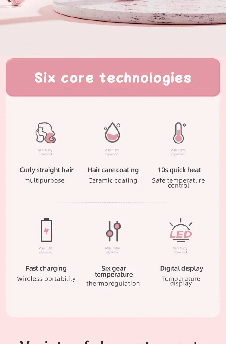 TINSOL New Mini Wireless Straightener Portable Curler, Multi-Function Professional Hair Styling Tool 6 Temperature Settings