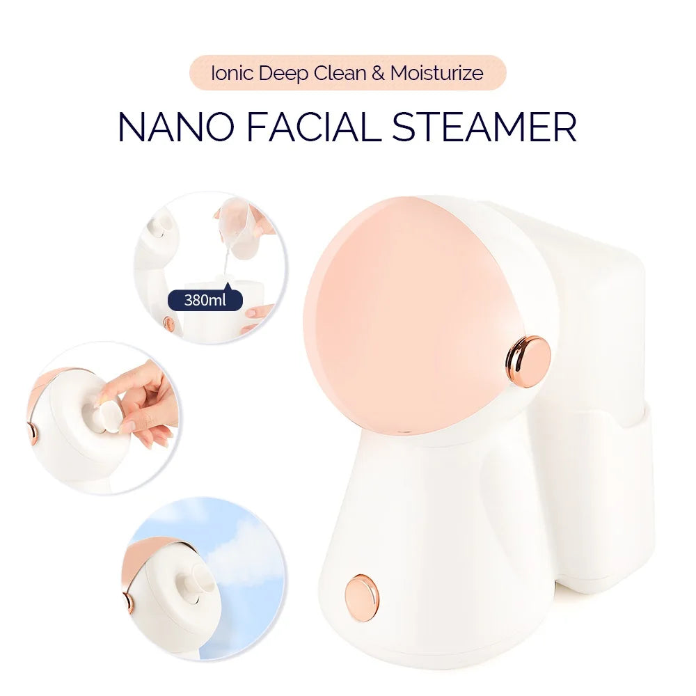 380ml Face Steamer Nano Spray Ionic Nebulizer Facial Vaporizer Hot Mist Hot Compress Skin Moisturizer Sprayer For Face Sauna SPA