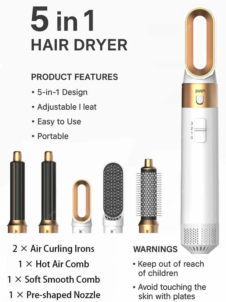5 In 1 Hair Dryer And Styler Kit With Professional Hot Air Brush Curling Iron Hair Straightener For Curling And Straightening