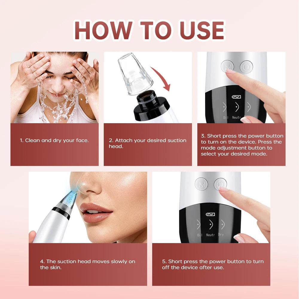 Blackhead Remover Facial Pore Cleaner 3 Suction Power Electric Pimple Acne Extractor Tool Face & Nose Whiteheads Vacuum Removal