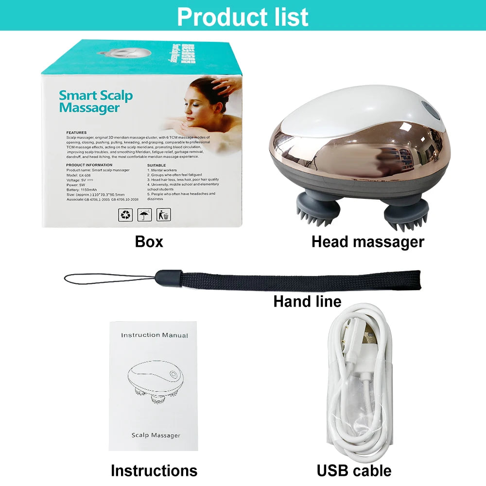 Electric Scalp Massager Silicone Head Scalp Kneading Vibration Device 6 Mode for Hair Growth Stress Relax Waterproof Massageador