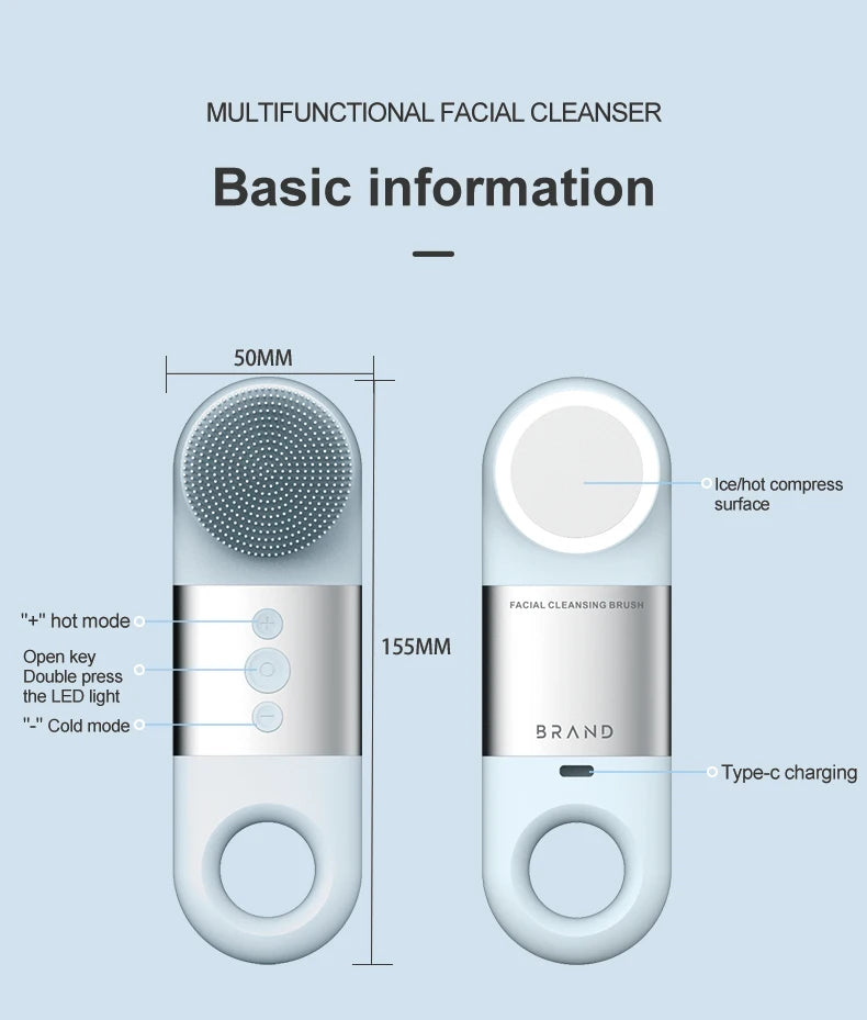 Hot Cold Facial Cleansing Brush Waterproof Face Scrubber Device Rechargeable Face Brush Electric Silicone Face Exfoliating Tool