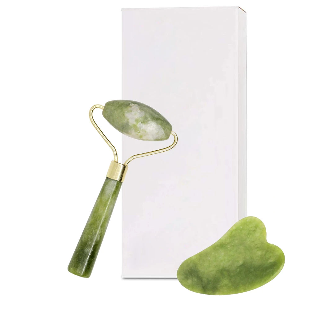 Natural quartz jade roller facial massager with guasha board Green Pink black kits for face neck roller massage