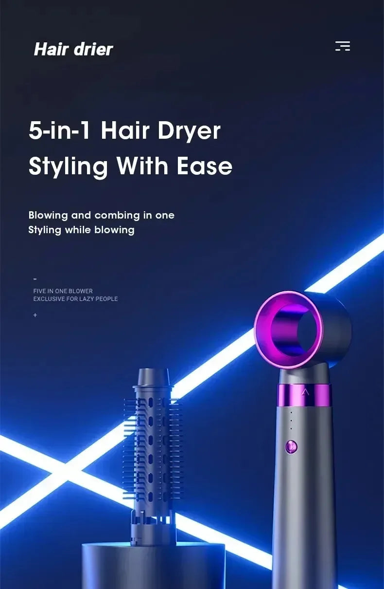 5-in-1 Hair Dryer with Straightener and Curler for Home Travel Salon Use, 110V/220V Negative Ion Fast Drying Styler Strong Wind