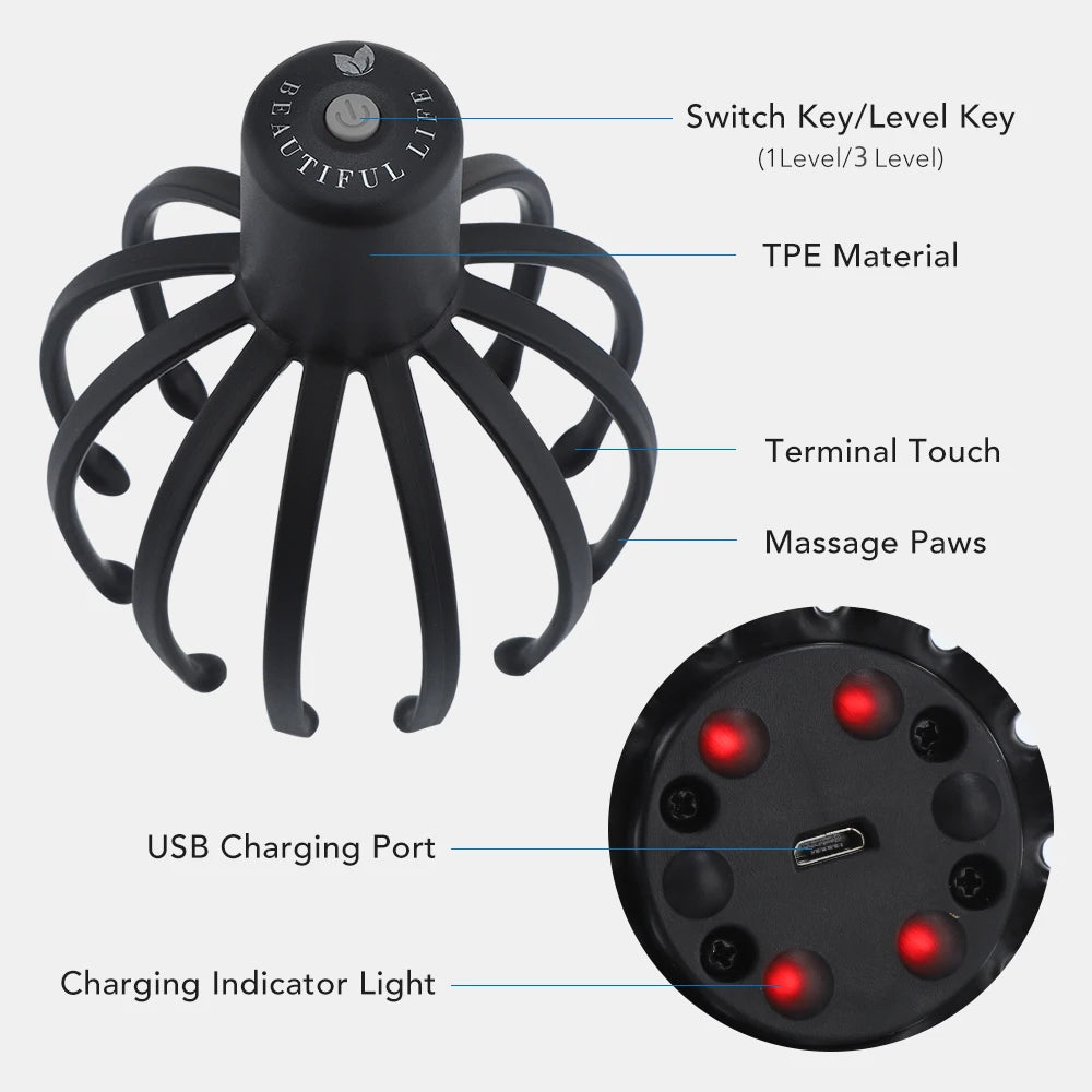 Electric Octopus Claw Scalp Massager Hands-free 3 Level Head Massage LED Red Light 3D Wirelss Head Scratcher Massage Health Care