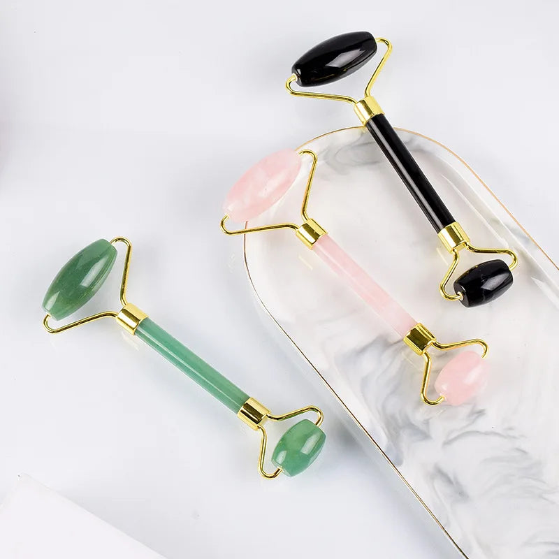 Rose Quartz Natural Jade Roller Massager Guasha Set Obsidian Amethyst Gouache Scraper Facial Lifting Massage Tools With Gift Box