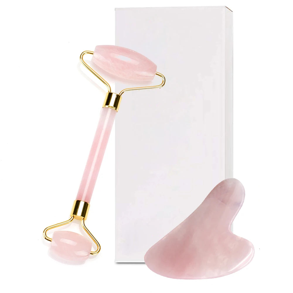 Natural quartz jade roller facial massager with guasha board Green Pink black kits for face neck roller massage