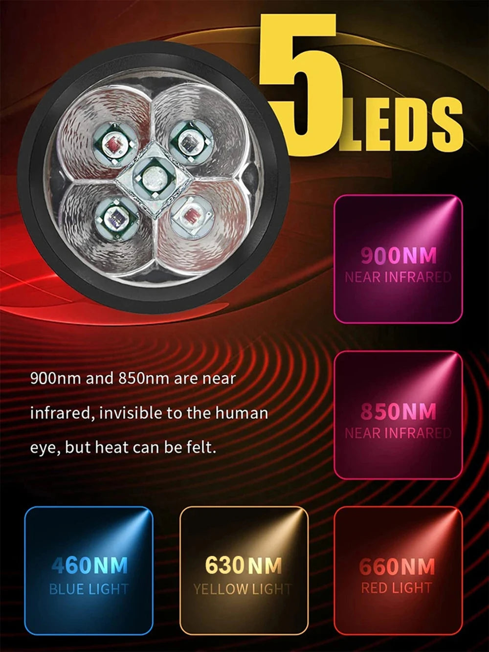 Blue & Red Light Therapy Device with 5 Wavelengths Near Infrared 900nm Light Therapy for Body Relief Acne Treatment Skin Health